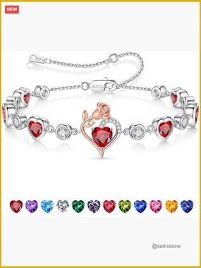 925 Sterling Silver Heart Birthstone Charm Bracelet for Women